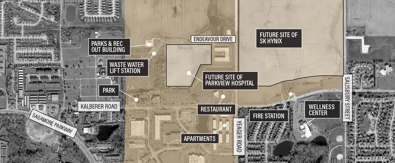 The future site of Parkview Hospital will be located near the intersection of Yeager Road and Kalberer Road in the Purdue Research Park adjacent to the future site of SK hynix.