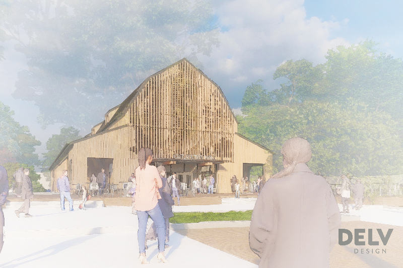 A rendering of the future multiuse Beck Barn slated for construction in the Discovery Park District at Purdue. The salvaged barn space will offer a farm-to-table restaurant established by the Cunningham Restaurant Group. 