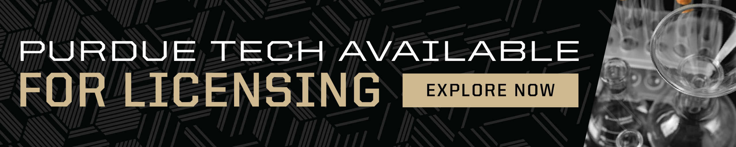 Black banner with geometric line pattern and lab glassware on the right. Large text reads “Purdue Tech Available for Licensing.” A gold button says “Explore Now.”