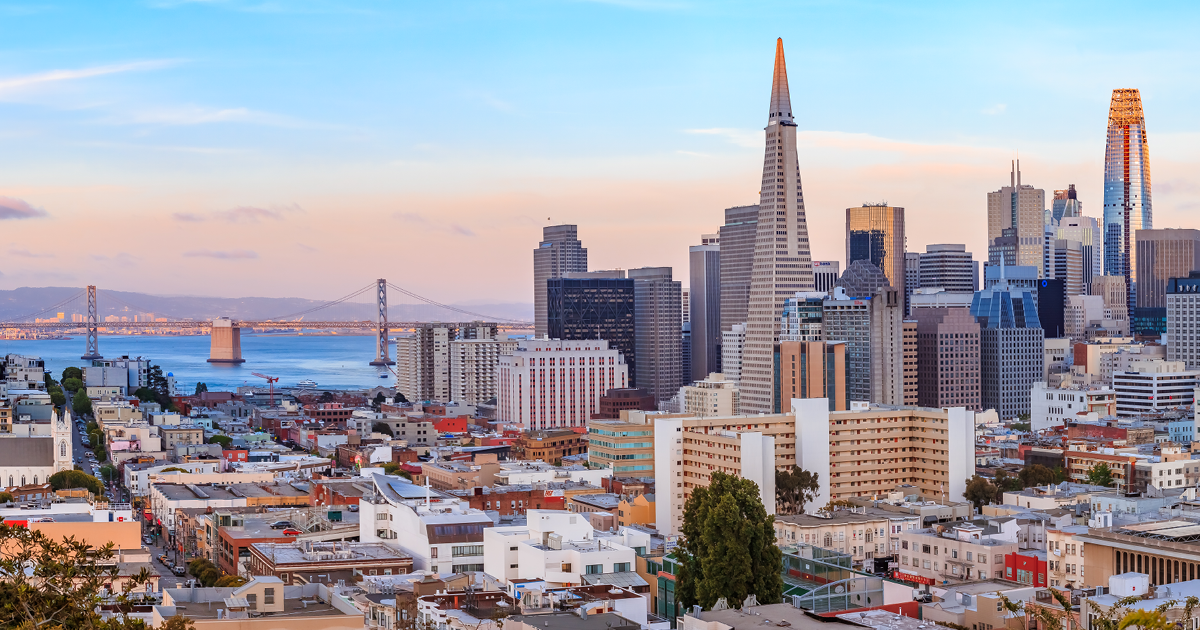 Downtown San Francisco skyline panorama at sunset