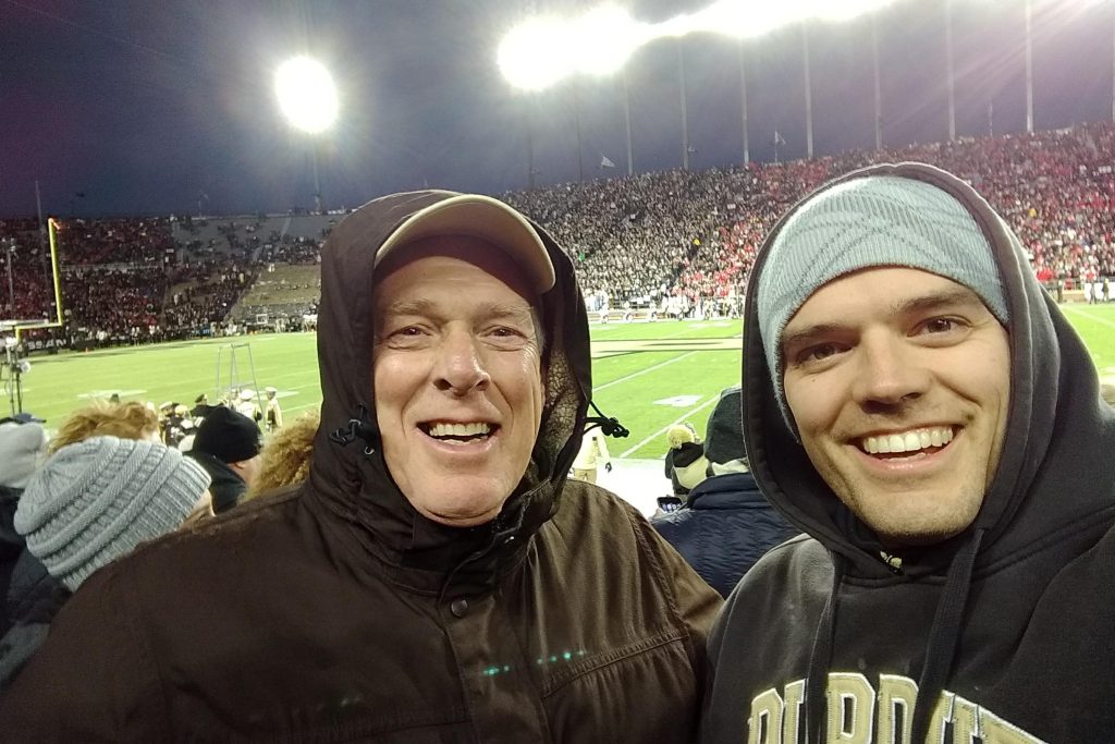 Phil and Stew celebrating Purdue’s unforgettable upset over Ohio State in 2018