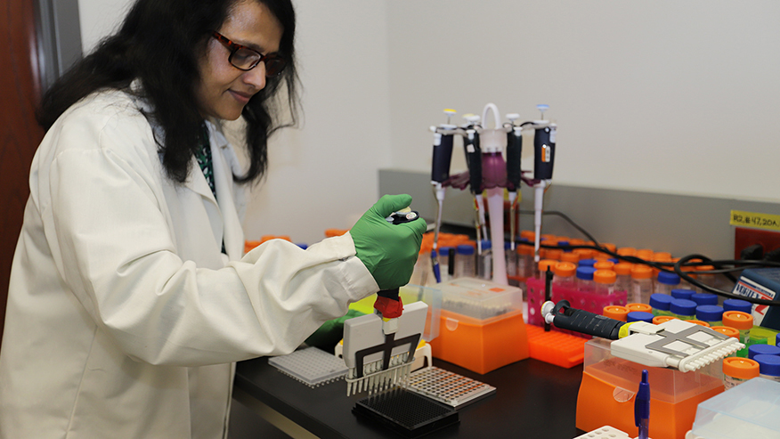 Woman working in a white lab coat in a lab.