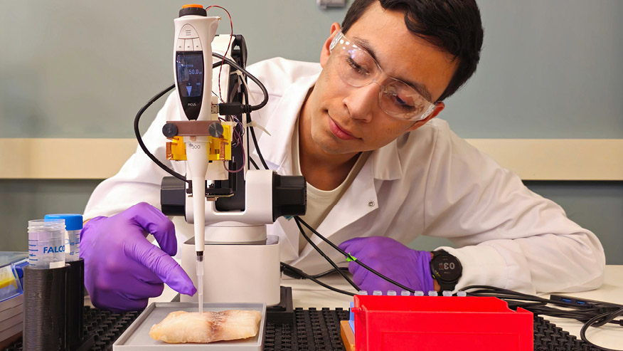 Jesus Ladino, a visiting scholar with the Undergraduate Research Experience Purdue-Colombia program, develops software for an automated surface touch extraction prototype at Purdue University’s Bindley Bioscience Center.