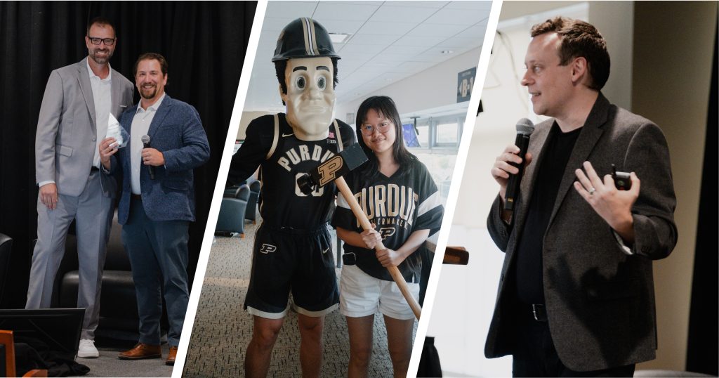 Collage of Purdue Innovates Pitch Night moments: two men pose, a student stands with Purdue Pete, and a speaker addresses an audience.