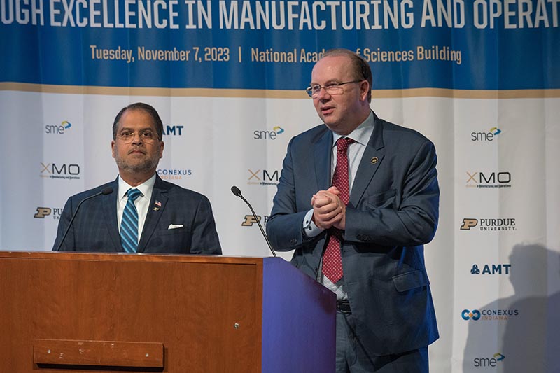 XMO PEI co-chairs Ajay Malshe (left) and Stephan Biller (right) welcome attendees to Purdue’s inaugural summit on advanced manufacturing and operations in Washington, D.C.